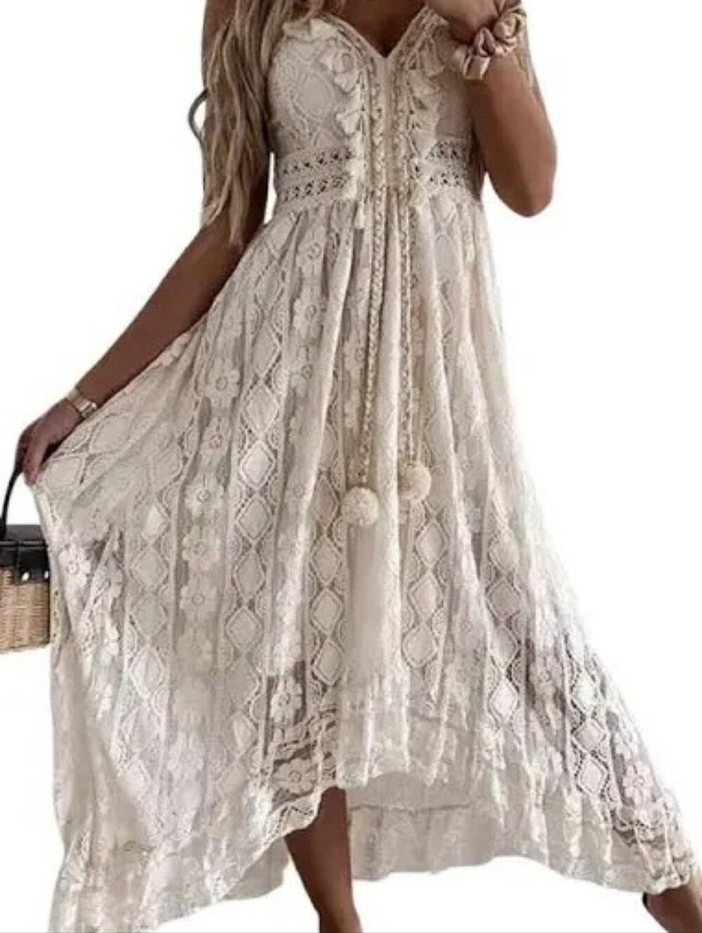 Cupshe Cream Lace High-Low Maxi Dress